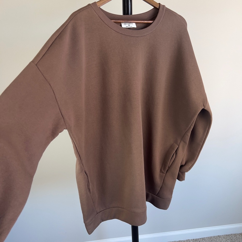 Zenana Womens 2X Brown Oversized Fleece Pockets Sweatshirt OT-2921XBA - Picture 4 of 10